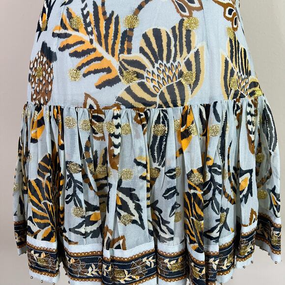 Farm Rio | Tapestry Blue Black Gold Tie Waist Ruffle Designer Mini Skirt XS - Picture 7 of 11